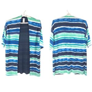 Chico's Travelers Womens Long Open Front Cardigan Blue Green Striped Sz 1 Medium